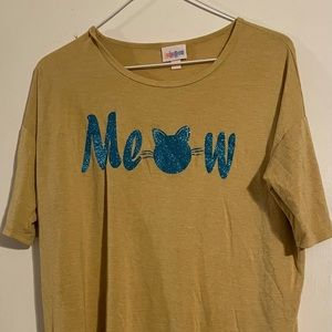 LuLaRoe Perfect T- Mustard with blue glitter Meow print